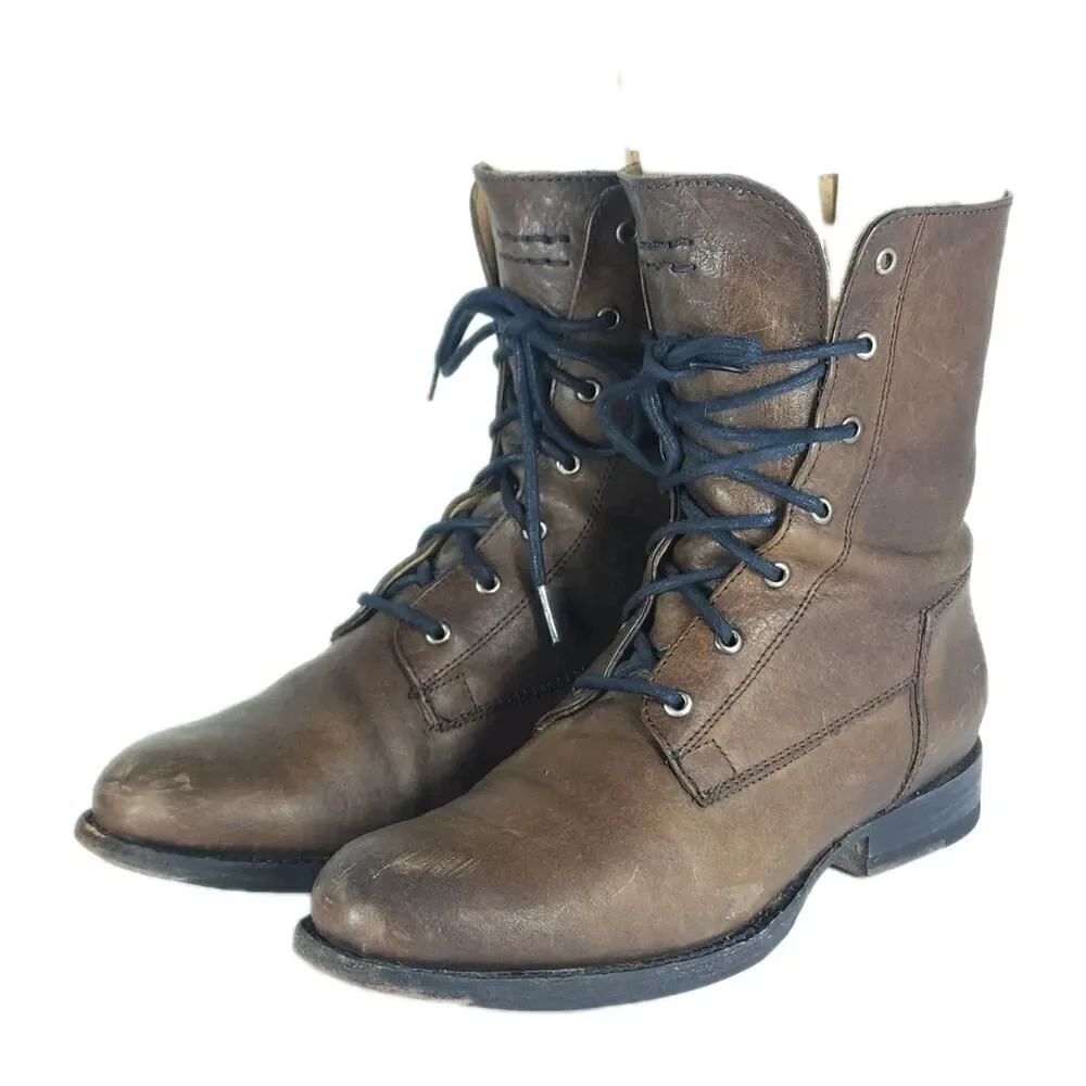 Frye Women's Veronica US6,5B Brown Leather Lace-Up Combat Booties Boots